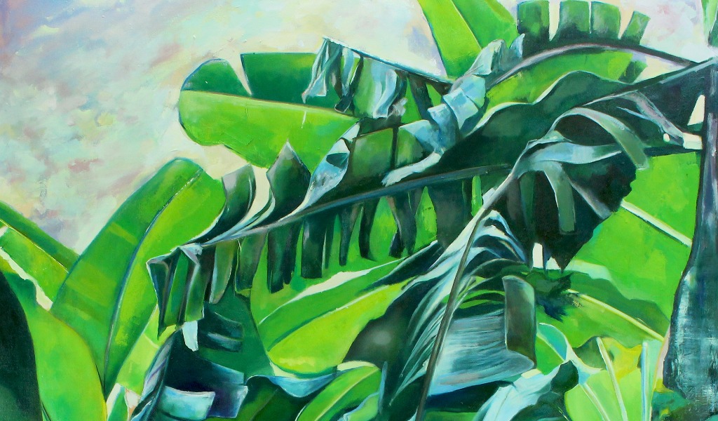 oil painting of green leaves in various shapes