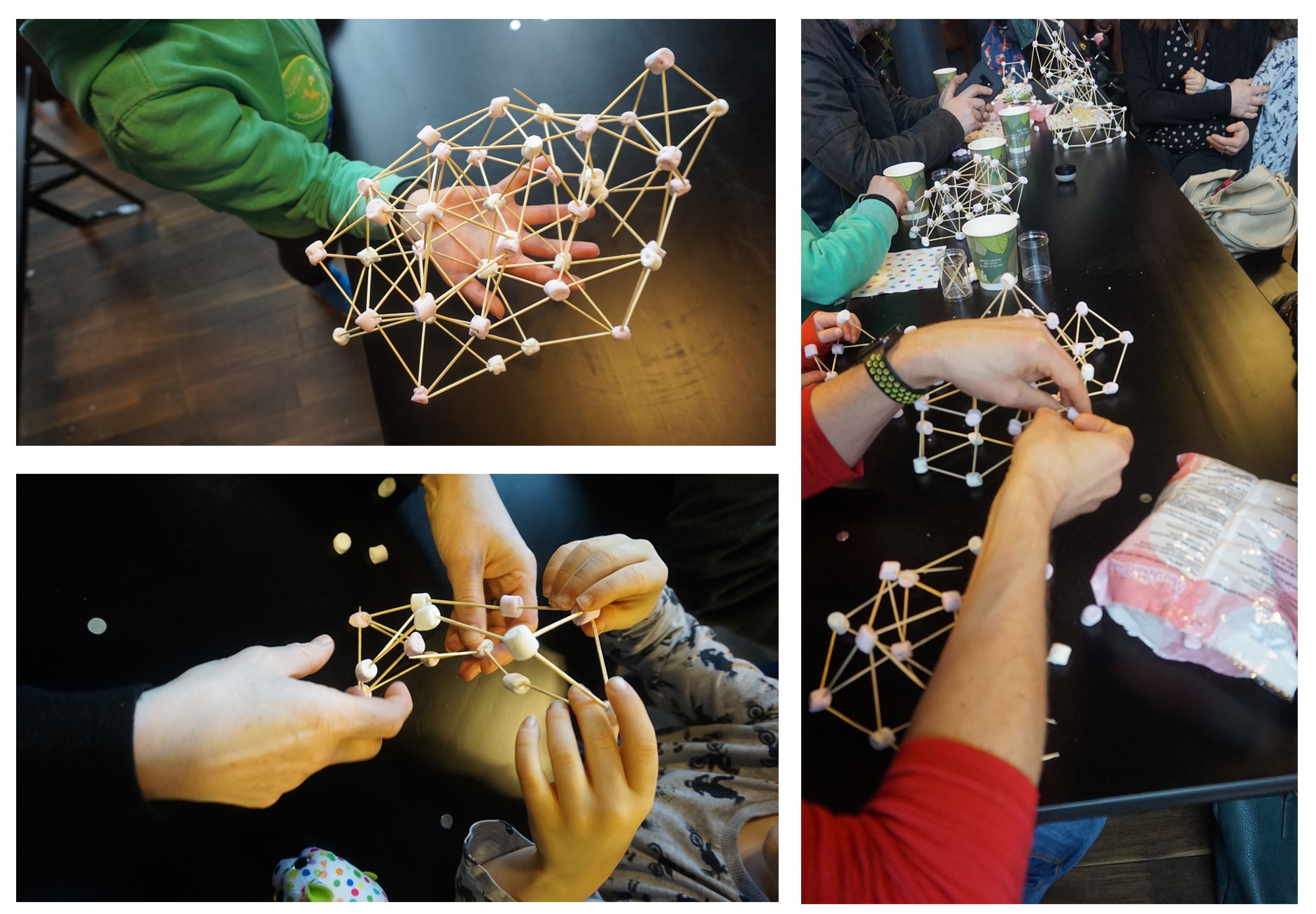 Adult's and children's hands working on creating structures from marshmallows and toothpicks.