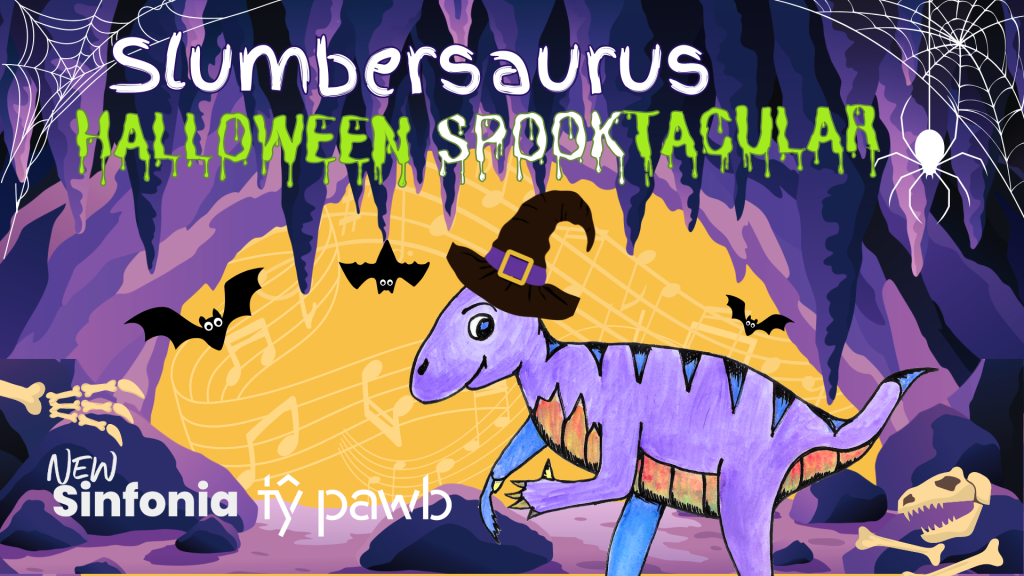 A purple cartoon dinosaur wearing a witch's hat in a cave surrounded by bats. The text reads "Slumbersaurus Halloween Spooktacular".