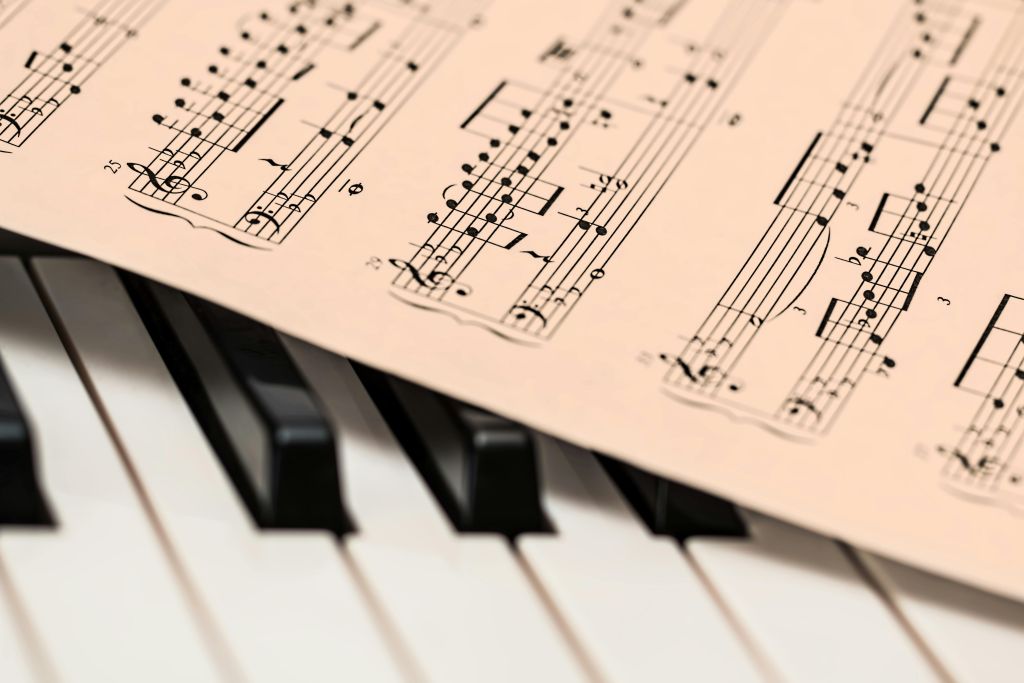 Sheet music sitting on a piano keyboard.
