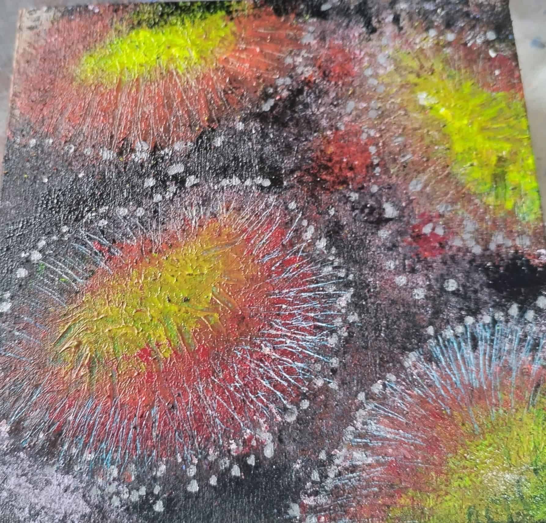 Cropped section of a painting by Catherine Taylor Parry. It is a repeating pattern with the appearance of yellow centered flowers with pink and white fronds.