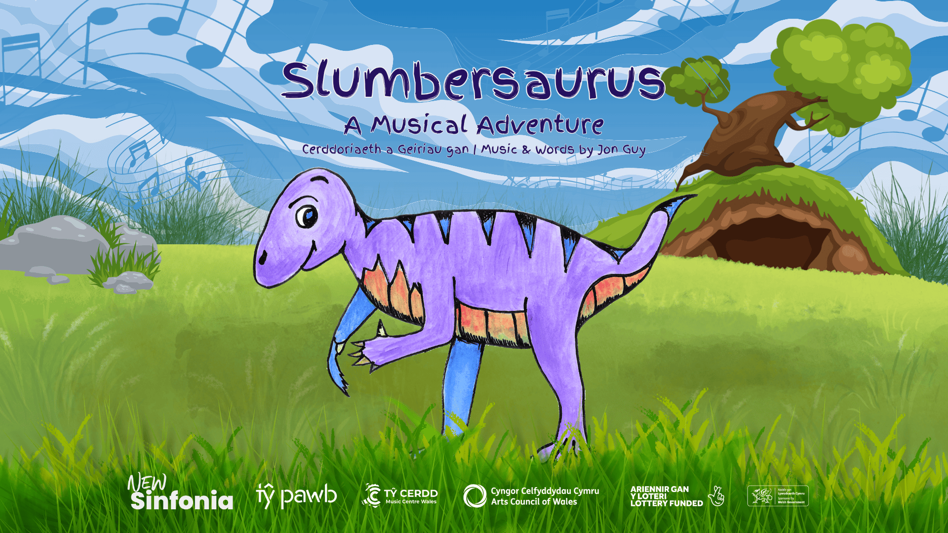 Text in this image reads: "Slumbersarus A Musical Adventure. Music and words by Jon Guy"